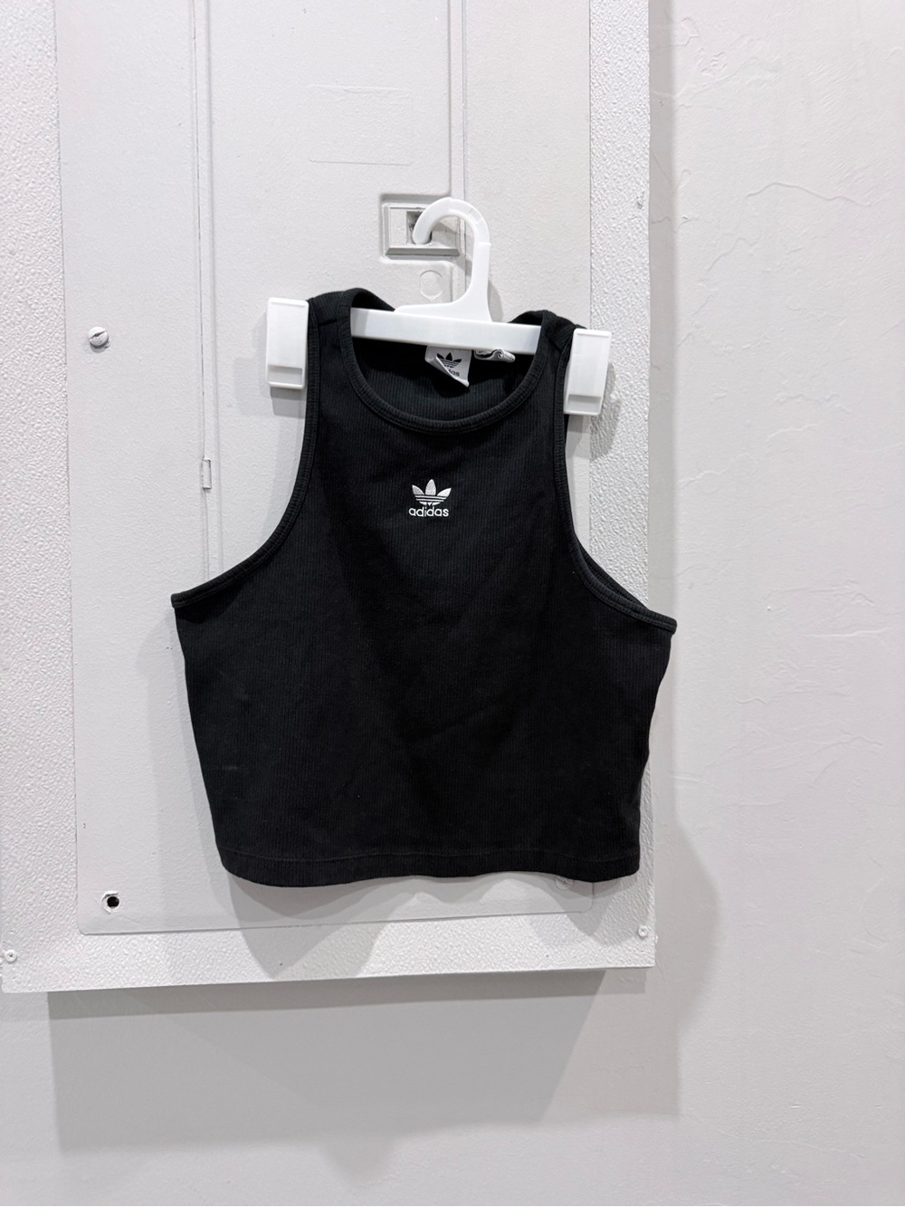 adidas Black Ribbed Cropped Tank Top with Trefoil Logo